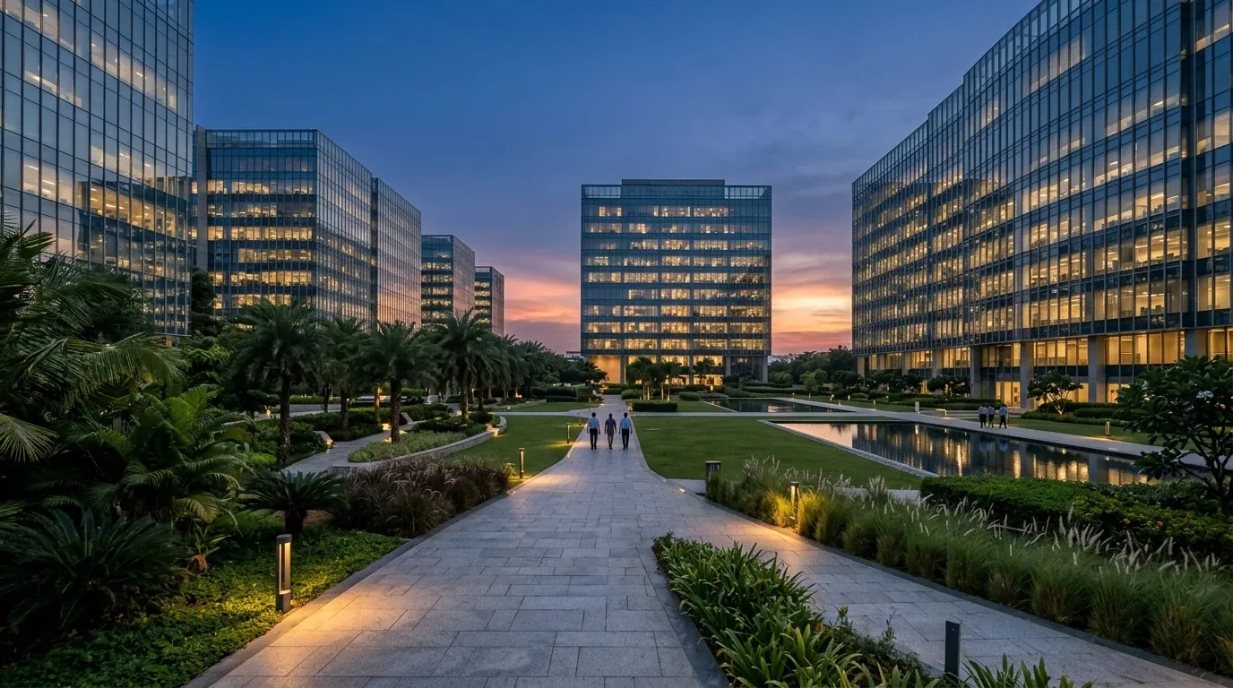 Commercial campus at dusk