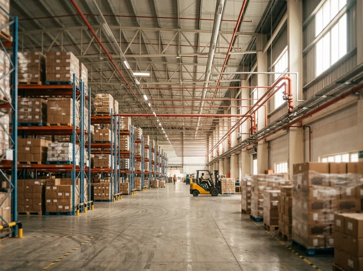 Warehouse with racking and overhead sprinkler pipework